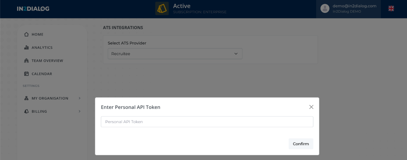 Selecting Recruitee as ATS provider and entering the Personal API Token in In2Dialog